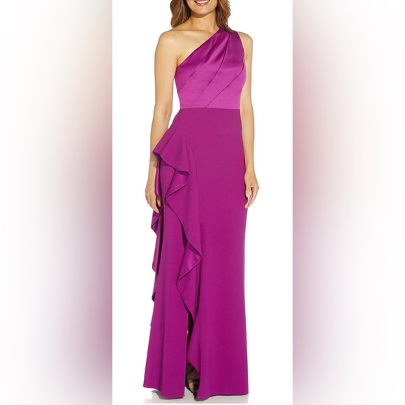 Adrianna Papell One Shoulder Sleeveless Cascading Ruffle Draped Orchid Gown NWT - Picture 1 of 10